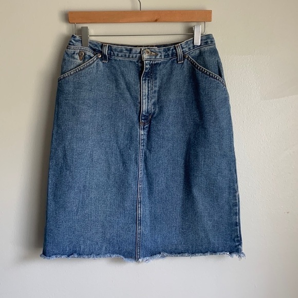 Vtg 90s Y2K denim skirt frayed hem medium wash size 10 medium knee length - Picture 1 of 7